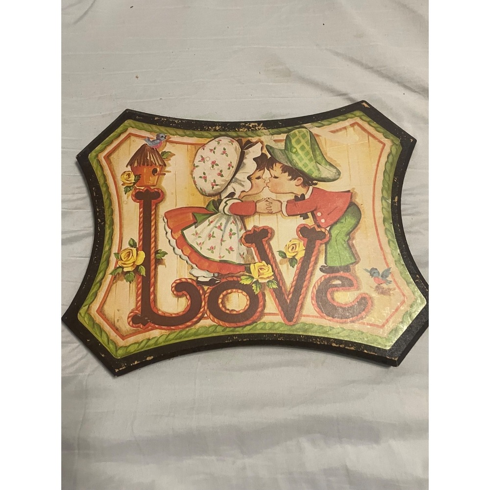 Vintage Homco Love Wall Hanging Wooden Girl And Boy Kissing